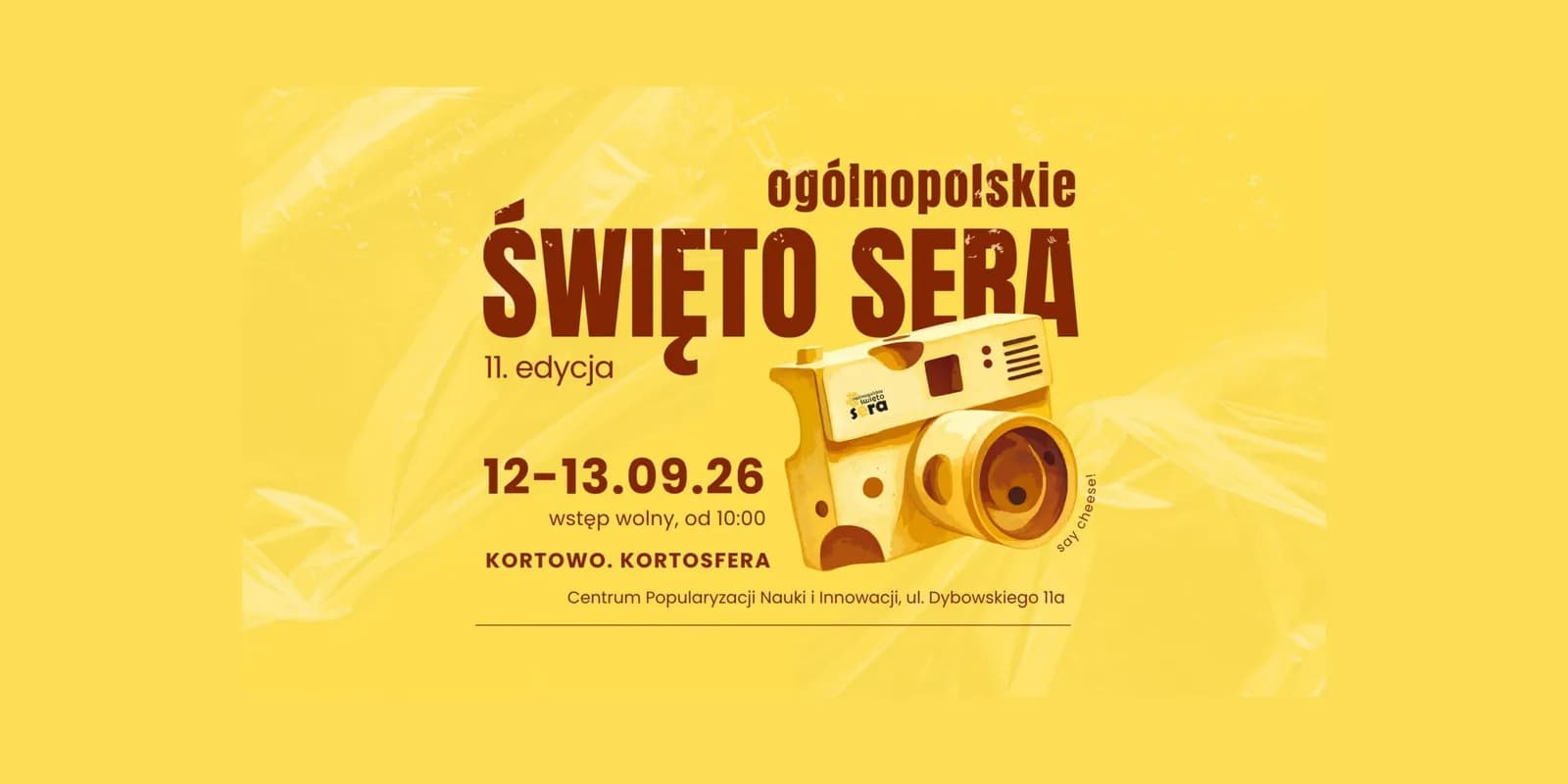 A yellow poster advertising the 'National Cheese Festival' with event details and a stylized camera made of cheese in the center.